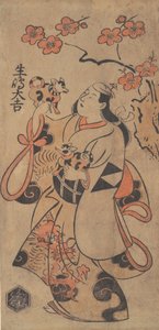 Skådespelaren Ikushima Daikichi som en kvinna som står under ett Ume-träd, ca. 1705.