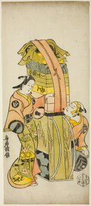 Skådespelarna Ichikawa Danjuro II som Kamada Matahachi och Ichikawa Monnosuke I som Hisamatsu i pjäsen "Osome Hisamatsu Shinju Tamoto no Shirashibori", uppfördes på Morita Theatre, 1720