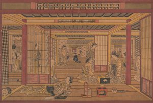 En interiörvy i Yoshiwara, ca. tidigt 1740-tal.