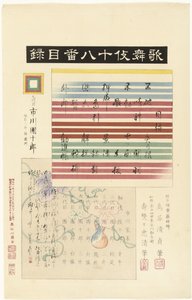 Innehållsförteckning för serien Kabuki juhachiban Kabuki juhachiban mokuroku (titel på objekt) Spelar arton kabuki (serietitel) Kabuki juhachiban (serietitel på objekt)