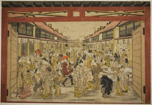 Huvudporten, Nya Yoshiwara, ca 1745 (handkolorerat träsnitt; toku-oban yoko-e, beni-e)