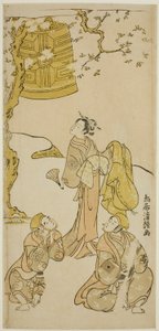 Skådespelarna Segawa Kikunojo II, Ichikawa Komazo II och Arashi Otohachi I i pjäsen "Fude Hajime Soga no Tamazusa", uppträdde på Nakamura Theatre under den första månaden, 1768
