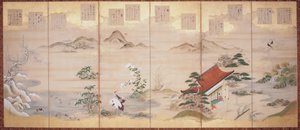 定家の十二ヶ月の詩（紙に墨、彩色、金箔、六曲屏風）スウェーデン語 av Tosa Mitsunari