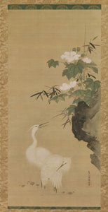 Hägrar och bomullsrosor, mitten till slutet av 1600-talet. av Tosa Mitsuoki