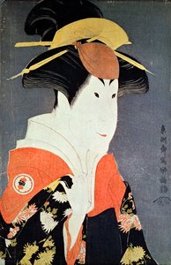 Huvud och axlar av kabuki-skådespelaren Segawa Tomisaburo II som Yadorigi, hustru till Ogishi Kurando), publicerad 1794 (träblock i färg) av Toshusai Sharaku