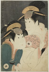 Skådespelarna Segawa Tomisaburo II (R) som Yadorigi, hustru till Ogishi Kurando, och Nakamura Manyo (L) som tjänaren Wakakusa av Toshusai Sharaku