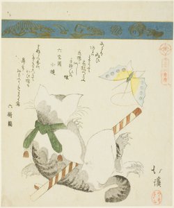 Katt som leker med en leksaksfjäril, från serien "Trettiosex bilder av fåglar (Sanjuroku kinzoku)" av Totoya Hokkei