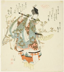 Minamoto no Yoshitsune (Ushiwaka Maru) spelar flöjt