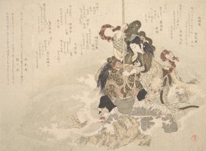 Otchime, dottern till havets gud, med en drake på en klippa, ca. 1800. av Totoya Hokkei