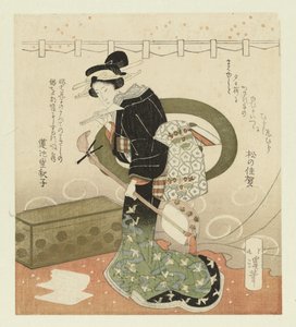 Kvinna med shamisen Pentaptyk om att beundra blommor (serietitel) Hanami gobantsuzuki (serietitel på objekt) av Totoya Hokkei