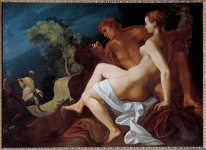 Angelique et Medor Illustration för "" Le Roland Furieux"" (Orlando Furioso) av Ludovic Ariosto (Arioste) som representerar Medor (Medoro) som skriver in namnet på Angelique (Angelica), som han just har gått med, på klippan - Längst ner , Roland anländer, 