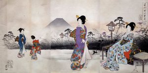 Japanska kvinnor som går framför berget Fuji Japanskt tryck av Toyohara Chikanobu (1838-1912) 1896 Privat samling