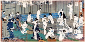 Badhusscen, ett tryck av Toyohara Kunichika, 1800-talet