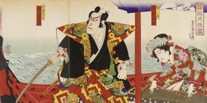 Ichikawa Danjūrō och Nakamura Fukusuke i rollerna som Katō Kiyomasa och Hinakinu av Toyohara Kunichika
