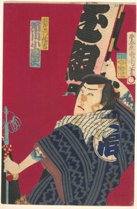 Ichikawa Sadanji som Dozaemon Denkichi i ett kabukispel av Toyohara Kunichika