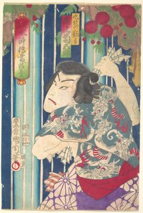 Fantasiportträtt, scen-Shuihuzhuan: Tōryūdai (Mitate Suikoden Tōrōdai) - skådespelaren Onoe Kikugorō som Kumon no Ryūkichi av Toyohara Kunichika
