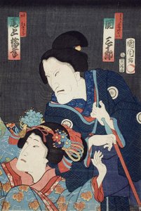 Onoe Baikō som den yngre systern Benizara och Seki Sanjūrō som modern Kataomoi i pjäsen Ichiban Norime Iki no Sashimono av Toyohara Kunichika