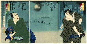 Onoe Kikugorō V som Daiba no Jinzō och Ichikawa Sadanji I som Itamiya Jubei av Toyohara Kunichika