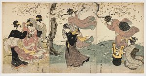 Japansk konst: Flowers in the Wind (scen med kvinnor och en man som hänger streamers från grenarna på ett träd) - Tryck av Utagawa Toyokuni (1769-1825) linosnitt (37,8x75,9), cirka 1797-1800 - Honolulu Academy of Arts