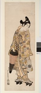Skådespelaren Sanogawa Ichimatsu håller en lykta och ett paraply av Toyonobu Ishikawa