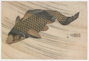 Carp Swimming Upstream, Edo-period, mitten av 1820-talet (trätryck i färg)