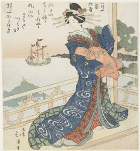 Kurtisan som tittar på ett främmande fartyg, 1818-1844 av Toyota Hokkei