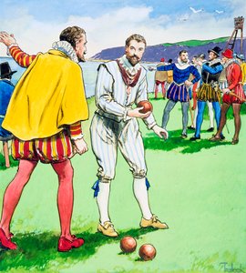 Sir Francis Drake spelar bowls på Plymouth Hoe, 1588 c1900