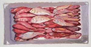 Fisklåda 4 (Billingsgate, London), 2016 (olja på pannå) av Trevor Burgess