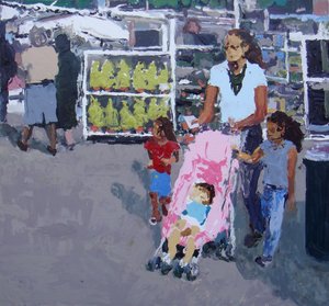 Mor och barn på shoppingrunda (Lewisham market, London), 2008 (olja på duk)