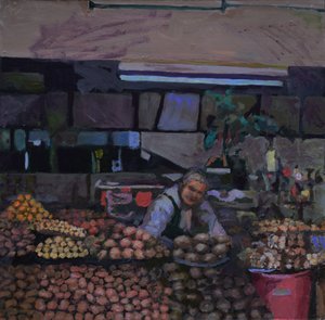 Potatisstånd (Quito, Ecuador), 2015 (olja på pannå) av Trevor Burgess