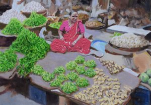 Säljer chilifrukter och ingefära (Thane, Mumbai), 2016 (olja på duk) av Trevor Burgess