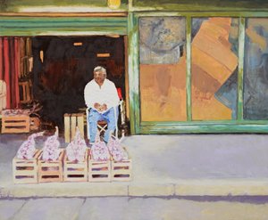 Selling garlic (San Juan, Argentina), 2016 (olja på pannå) av Trevor Burgess