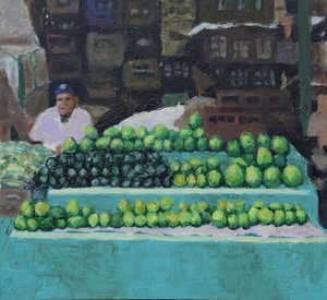 Säljer mango och avokado (Bogotá, Colombia), 2016 (olja på pannå) av Trevor Burgess