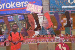 Shoe stall (Deptford, London), 2013 (olja på pannå) av Trevor Burgess