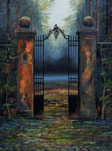 Gates to Chateau, Frankrike, 2024 (olja på pannå) av Trevor Neal