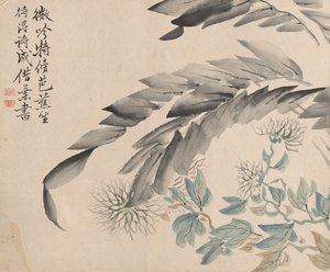 Bananväxt och krysantemum av Tsubaki Chinzan