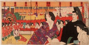 En bugaku-föreställning i kejsarpalatset under Dockfestivalen av Tsukioka Yoshitoshi