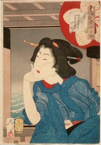 Svalt: En geisha från mitten av 1870-talet sittande i en båt av Tsukioka Yoshitoshi