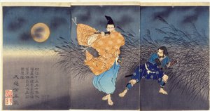 Fujiwara no Yasumasa spelar flöjt i månsken av Tsukioka Yoshitoshi