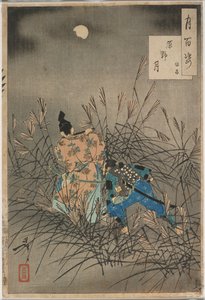 Fujiwara no Yasumasa spelar flöjt i månsken på en öppen hed av Tsukioka Yoshitoshi