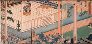 Högergeneralen, lord Yoritomo, inspekterar en särskild nō-föreställning av Tsukioka Yoshitoshi