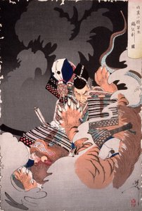 I no Hayata dödar Nue i Kejsarpalatset av Tsukioka Yoshitoshi