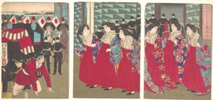 Illustration av hovdamer som stiger på vid en station (Kanjo sutēshon chakusha zu) av Tsukioka Yoshitoshi