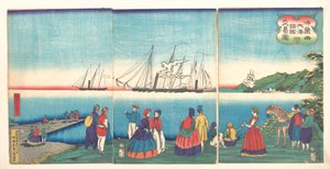 Illustration av en stor fransk hamn som handlar med många nationer av Tsukioka Yoshitoshi