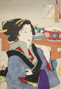 Nedslagen blick: En servitris uppträdande i Fukagawa under Tenpō-eran av Tsukioka Yoshitoshi