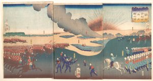 Manövrer med tre kategorier av franska och engelska soldater (Furansu Igirisu sanhei ōchōren no zu) av Tsukioka Yoshitoshi