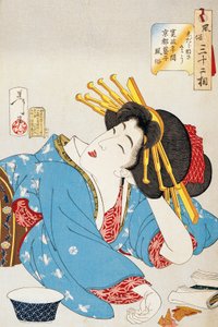 Moment av avkoppling, Face of Kansei period Geisha från Kyoto, Illustration av Tsukioka Yoshitoshi (1839-1892) från Trettiotvå aspekter av seder och seder, Oban-tate-e träsnitt, 37,5 x 26 cm, japansk civilisation av Tsukioka Yoshitoshi