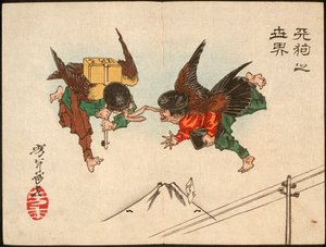 Tengu-budbärare som kolliderar i luften av Tsukioka Yoshitoshi