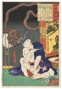Brottaren Onogawa Kisaburō blåser rök mot ett enögt monster av Tsukioka Yoshitoshi