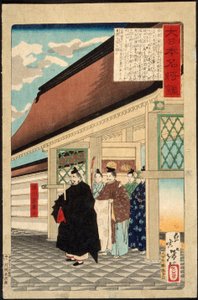 Tokugawa Ieyasu vid ingången till ett palats av Tsukioka Yoshitoshi